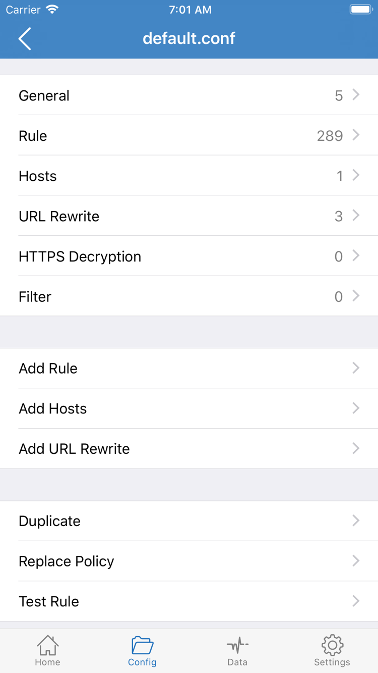 Shadowrocket Config 편집 화면. General, Rule, Hosts, URL Rewrite, HTTPS Decryption 및 Add Rule이 표시됩니다