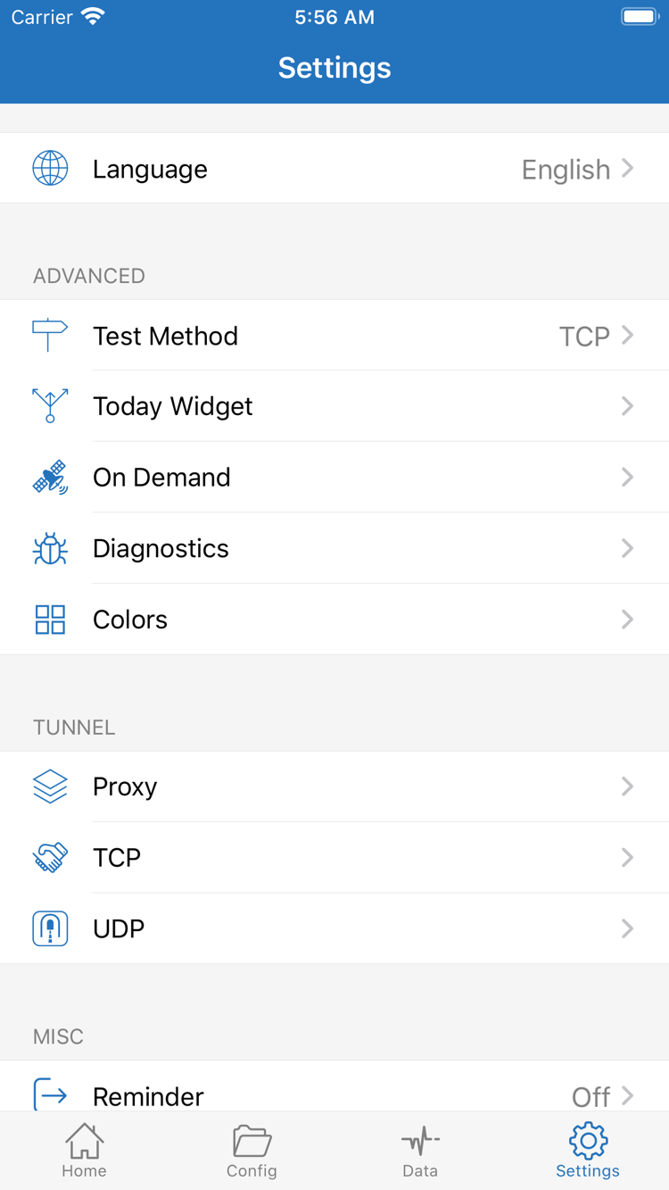 Shadowrocket Settings 화면. Language, Test Method, Today Widget, On Demand, Diagnostics, Proxy, TCP 및 UDP가 표시됩니다