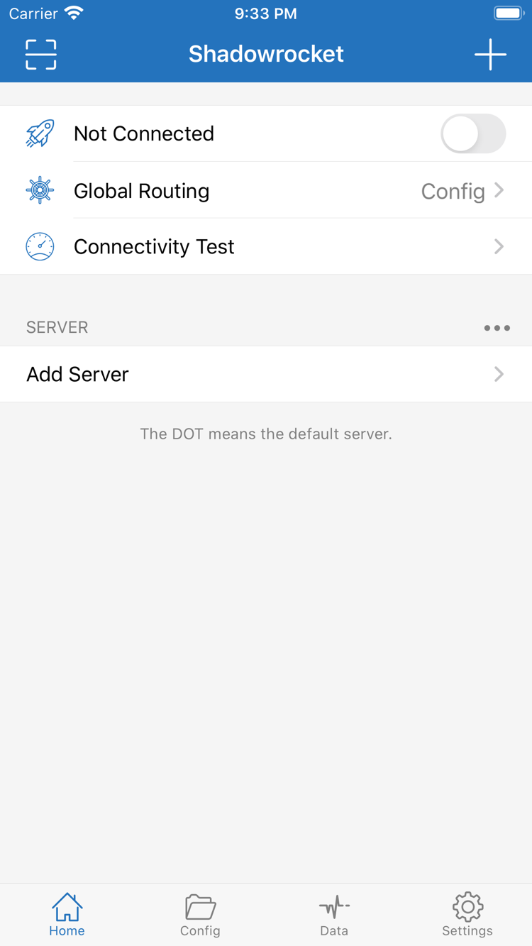 Official Shadowrocket Home screen with the connection switch, Global Routing, and Add Server