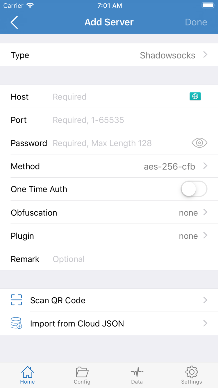 Shadowrocket 공식 Add Server 화면: Type, Host, Port, Password, Method 항목과 Scan QR Code 및 Import from Cloud JSON